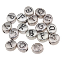 Grânulos de alfabeto de liga de zinco, Oval achatado, banho de cor prata antiga, padrão misto & com padrão de carta, níquel, chumbo e cádmio livre, 7x6x4mm, Buraco:Aprox 1mm, 3000PCs/Bag, vendido por Bag
