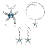 Austrian Crystal Jewelry Sets bracelet & earring & necklace Zinc Alloy with Austrian Crystal with 6cm extender chain Starfish platinum plated sea blue 1.7cm  Length Approx 7-9 Inch Approx 17-20 Inch Sold By Set