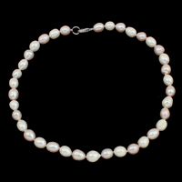 Natural Freshwater Pearl Necklace brass clasp Rice  & two tone 9-10mm Sold By Strand