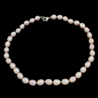 Natūralūs gėlavandenių perlų karoliai, Gėlo vandens perlų, žalvarinis sąsaga, Ryžiai, natūralus, įvairaus ilgio pasirinkimo & įvairių stilių pasirinkimas, purpurinis, 9-10mm, Pardavė Strand
