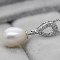 Freshwater Pearl Pendants with Brass Rice silver color plated natural & micro pave cubic zirconia white 9-10mm Approx 3-5mm Sold By PC