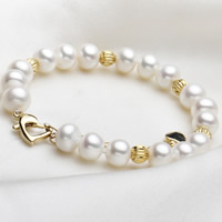 Freshwater Cultured Pearl Bracelet Freshwater Pearl with Brass with 5cm extender chain Potato gold color plated natural & corrugated white 8-9mm Sold Per Approx 7 Inch Strand