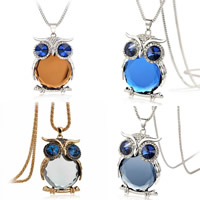 Glass Sweater Chain Necklace with iron chain & Zinc Alloy Owl plated lantern chain & with rhinestone Sold Per Approx 31 Inch Strand