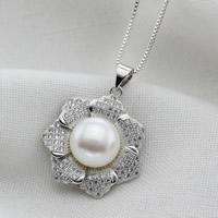 Freshwater Pearl Pendants with Brass Flower natural micro pave cubic zirconia white 9-10mm Approx 2-7mm Sold By PC