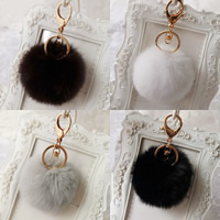 Rabbit Fur Key Chain with Zinc Alloy Round gold color plated nickel lead & cadmium free 125mm Sold By Lot