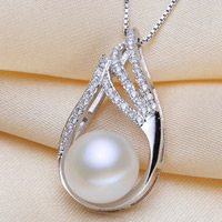 Freshwater Pearl Pendants with Brass Button natural micro pave cubic zirconia white 9-10mm Approx 3-11mm Sold By PC