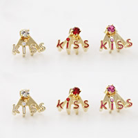 Zinc Alloy Stud Earring stainless steel post pin word kiss gold color plated enamel & with rhinestone nickel lead & cadmium free Sold By Pair
