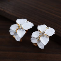 Zinc Alloy Stud Earring stainless steel earring post and Omega clip Leaf gold color plated enamel & with rhinestone nickel lead & cadmium free Sold By Pair