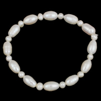 Sötvatten odlade Pearl Bracelet, Freshwater Pearl, Ris, naturlig, vit, 5-6mm, 7-8mm, Såld Per Ca 7.5 inch Strand
