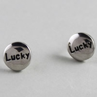 Brass Stud Earring with plastic earnut Flat Round word lucky real silver plated enamel 9mm Sold By Pair