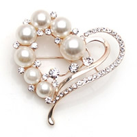 Plastic Pearl Brooch Zinc Alloy Heart gold color plated with plastic pearl & with rhinestone nickel lead & cadmium free 48mm Sold By PC