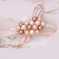 Plastic Pearl Brooch Zinc Alloy Bowknot rose gold color plated with plastic pearl & with rhinestone nickel lead & cadmium free Sold By PC