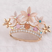 Cats Eye Brooch Zinc Alloy with Cats Eye Crown rose gold color plated with rhinestone nickel lead & cadmium free Sold By PC