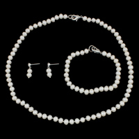 Natural Cultured Freshwater Pearl Jewelry Sets bracelet & earring & necklace brass clasp brass post pin Potato & with rhinestone white 5-6mm Length Approx 17 Inch Approx 7.5 Inch Sold By Set