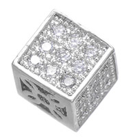Kubisk Zirconia Micro Pave Messing Perler, Cube, platineret, Micro Pave cubic zirconia, nikkel, bly & cadmium fri, 8x8mm, Hole:Ca. 1.7mm, 5pc'er/Lot, Solgt af Lot