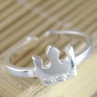 Messing Manchet Finger Ring, Kroon, echte verzilverd, met strass, 3-8mm, Maat:5, Verkocht door PC