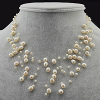 Collar de Perlas Natural de Freshwater, Perlas cultivadas de agua dulce, con Hilo cristal, latón cierre de langosta, Patata, Blanco, 4-6mm, Vendido para aproximado 16.5 Inch Sarta