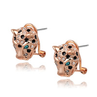 Zinc Alloy Stud Earring stainless steel earring post and Omega clip Leopard real rose gold plated with Austria rhinestone & enamel nickel lead & cadmium free Sold By Pair