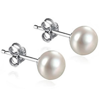 Freshwater Pearl Stud Earring brass post pin Button silver color plated natural white 8-9mm 13mm Sold By Pair