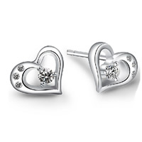 Brass Stud Earring Heart silver color plated with rhinestone nickel lead & cadmium free Sold By Pair
