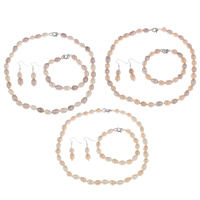 Ensembles de bijoux de perle d'eau douce de culture naturelle, Bracelet & boucle d'oreille & collier, perle d'eau douce cultivée, laiton fermoir, fer boucle d'oreille crochet, riz, styles différents pour le choix & deux tons, plus de couleurs à choisir, 8-9mm, Longueur Environ 17 pouce, Environ 7.4 pouce, Vendu par fixé