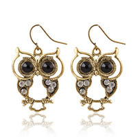 Zinc Alloy Drop Earring iron earring hook Owl antique gold color plated with rhinestone nickel lead & cadmium free 44mm Sold By Bag