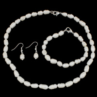 Natural Cultured Freshwater Pearl Jewelry Sets, bracelet & earring & necklace, brass clasp, iron earring hook, Potato, different styles for choice, white, 7-8mm, Length:Approx 17 Inch, Approx 7.5 Inch, Sold By Set