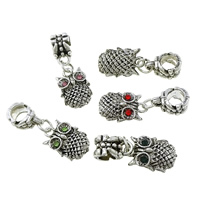 European Style Zinc Alloy Dangle Beads Owl silver color plated without troll & with rhinestone & blacken nickel lead & cadmium free 27mm Approx 5mm Sold By Lot
