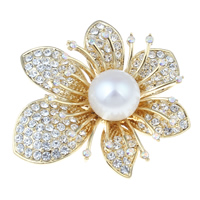 Freshwater Pearl Brooch, Brass, with Freshwater Pearl, Flower, gold color plated, natural & with rhinestone, nickel, lead & cadmium free, 46x42x17mm, 12-13mm, Sold By PC