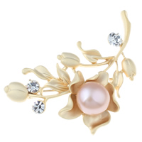 Freshwater Pearl Brooch Brass with Freshwater Pearl Flower gold color plated natural & with rhinestone & matte nickel lead & cadmium free 13-14mm Sold By PC