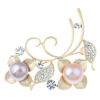 Freshwater Pearl Brooch Brass with Freshwater Pearl Flower gold color plated natural & with rhinestone & matte nickel lead & cadmium free 10-11mm Sold By PC