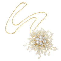 Přírodní Sladkovodní Pearl náhrdelník, s Mosaz, Květina, barva pozlacený, lucerna řetěz, bílý, 74x15mm, 7-8mm, Prodáno za Cca 22 inch Strand