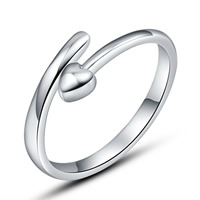 Mässing Cuff finger ring, Hjärta, äkta silver plated, nickel, bly och kadmium gratis, 4mm, Storlek:5.5, Säljs av PC