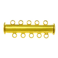 Brass Slide Lock Sluiting, Messing, gold plated, 5 streng, nikkel, lood en cadmium vrij, 30x10x7mm, Gat:Ca 1.5mm, 100pC's/Lot, Verkocht door Lot