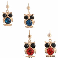 Zinc Alloy Drop Earring iron earring hook Owl gold color plated with rhinestone nickel lead & cadmium free Sold By Pair