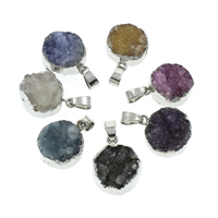 Natural Agate Druzy Pendant Ice Quartz Agate with iron bail Flat Round silver color plated druzy style - Approx Sold By PC