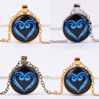 Time Gem Jewelry Necklace Zinc Alloy with iron chain & Glass with 5cm extender chain Flat Round plated with heart pattern & oval chain nickel lead & cadmium free 25mm Length Approx 19.5 Inch Sold By Bag