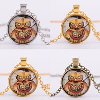 Time Gem Jewelry Necklace Zinc Alloy with iron chain & Glass with 5cm extender chain Flat Round plated animal design & oval chain nickel lead & cadmium free 25mm Length Approx 19.5 Inch Sold By Bag