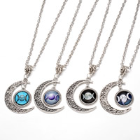 Time Gem Jewelry Necklace Zinc Alloy with iron chain & Glass with 5cm extender chain Moon antique silver color plated oval chain nickel lead & cadmium free 25mm Length Approx 19.5 Inch Sold By Bag