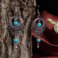 Zinc Alloy Drop Earring with Turquoise iron earring hook antique silver color plated nickel lead & cadmium free 50mm Sold By Bag