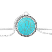 Turquoise Sweater Chain Necklace Zinc Alloy with iron chain Flat Round antique silver color plated lantern chain nickel lead & cadmium free 25mm Length Approx 28.5 Inch Sold By Bag