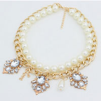 Plastic Pearl Necklace Zinc Alloy with ABS Plastic Pearl & iron chain & Acrylic with 5cm extender chain Flower gold color plated twist oval chain & faceted white nickel lead & cadmium free 420mm Sold Per Approx 16.5 Inch Strand