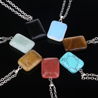 Natural Gemstone Necklace, with iron chain, Rectangle, silver color plated, different materials for choice & oval chain, 25mm, Length:Approx 19.5 Inch, 3Strands/Bag, Sold By Bag