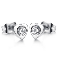 Titanium Steel Stud Earring Heart with rhinestone original color 5mm Sold By Bag