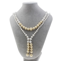 South Sea Shell Sweater Chain Necklace with Brass Round silver color plated graduated beads & with rhinestone 6-12mm Sold Per Approx 50 Inch Strand