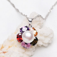 Gėlo vandens perlų pakabučiai, su Žalvarinis, Gėlė, sidabro spalva padengtas, gamtos & su kubinių Zirconia, baltas, 16x16mm, 9-10mm, Skylė:Apytiksliai 2-5mm, Pardavė PC