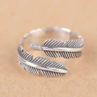 Thailand Sterling Silver Cuff Finger Ring, Feather, open, 13mm, US Ring Size:8, 5PCs/Lot, Sold By Lot