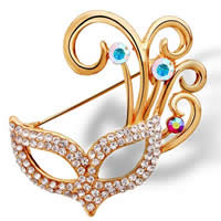 Rhinestone Brooch Zinc Alloy Mask gold color plated with rhinestone nickel lead & cadmium free Sold By PC