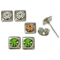 Roestvrij staal Stud Earrings, Plein, met strass, meer kleuren voor de keuze, 6x6x3.50mm, 500pC's/Lot, Verkocht door Lot