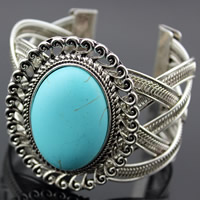 Tibetan Style Cuff Bangle, with Turquoise, Flat Oval, antique silver color plated, lead & cadmium free, 45mm, Inner Diameter:Approx 45mm, Length:Approx 7.5 Inch, 3PCs/Bag, Sold By Bag